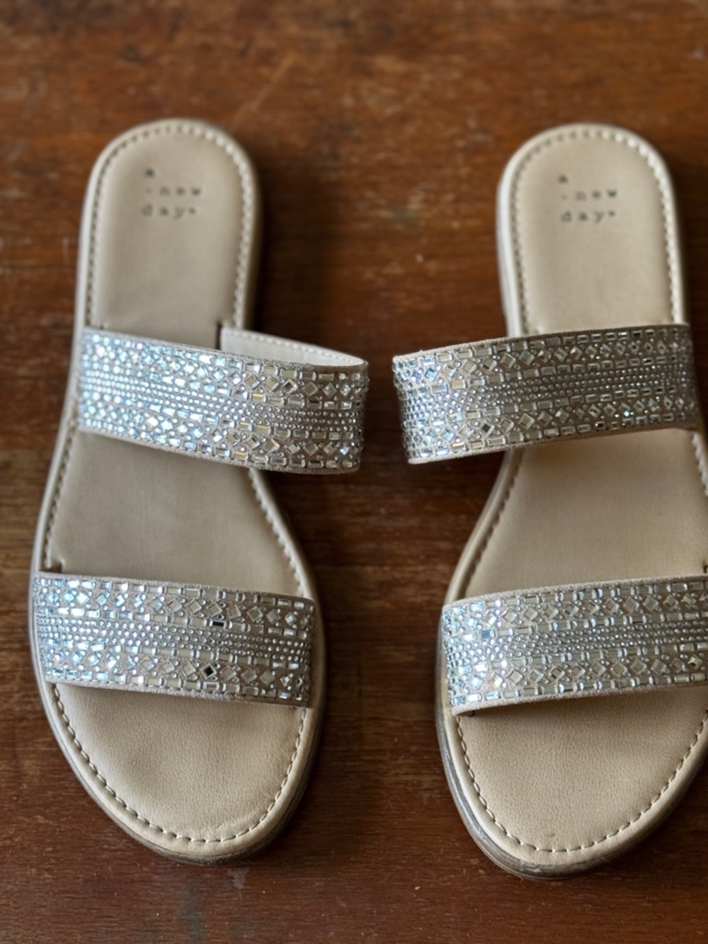 a new day Beige Slide Sandals with Sparkling Crystal Straps